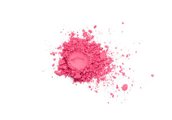 Bright pink colored pigment. Loose cosmetic powder. Matte eyeshadow pigment isolated on a white background, close-up, top view