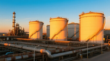 Obraz premium An industrial scene showing oil storage tanks and pipelines in an oil refinery, highlighting industrial equipment and infrastructure.