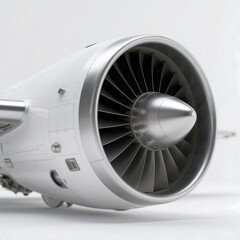 A close-up of a jet engine turbine showing detailed blades and metallic structure.