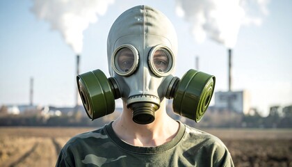 Person wearing a gas mask stands before a hazy, industrial landscape with large smokestacks billowing smoke