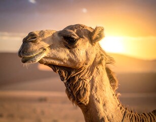A close-up view of a camel's head against a warm, golden sunset