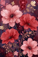 Obraz premium Watercolor Floral Pattern with Red Blooms and Gold Accents