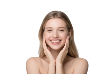 A portrait of a young woman with a bright smile, showcasing clear and smooth skin.