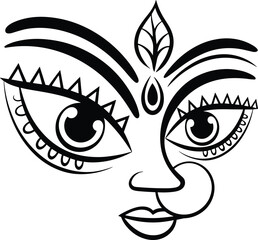 Stylized goddess face, black and white illustration, symbolic facial features, cultural ornament, spiritual icon, tribal art, flat vector illustration