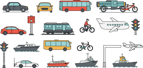 Transportation vehicles, cars, buses, trains, airplanes, boats, traffic lights, street infrastructure, urban mobility, flat vector illustration, colorful transport icons set