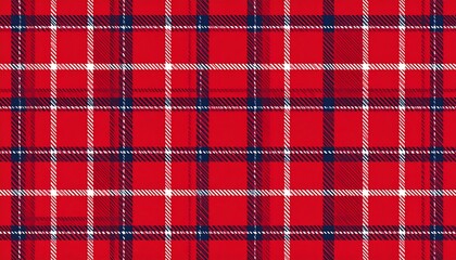 Red tartan pattern with white and navy stripes forming checks. Fuzzy and slightly textured