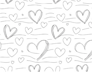 Black and white hand drawn hearts seamless pattern love romantic