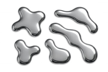 Abstract liquid metal blobs forming fluid chrome shapes, a metallic silver mercury drop collection with transparent background