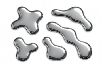 Abstract liquid metal blobs forming fluid chrome shapes, a metallic silver mercury drop collection with transparent background