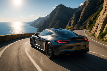 Naklejka premium Luxury sports car driving on scenic coastal mountain road
