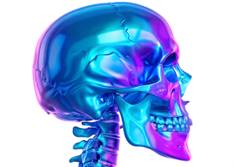 a vibrant holographic human skull with neon colors isolated on white background, png, ai generated