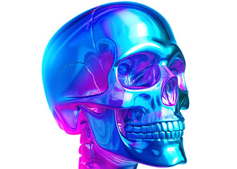 a vibrant holographic human skull with neon colors isolated on white background, png, ai generated