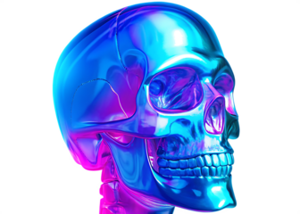 a vibrant holographic human skull with neon colors isolated on white background, png, ai generated