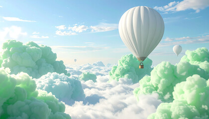 Hot air balloons float above fluffy clouds in a bright blue sky, Two white hot air balloons drift over a sea of pastel green and white clouds, creating a dreamy and whimsical scene