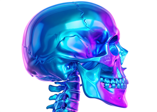 a vibrant holographic human skull with neon colors isolated on white background, png, ai generated