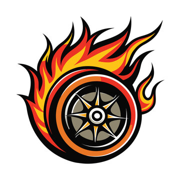 Dynamic flaming car wheel graphic for racing and automotive logos