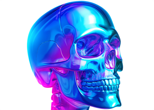a vibrant holographic human skull with neon colors isolated on white background, png, ai generated