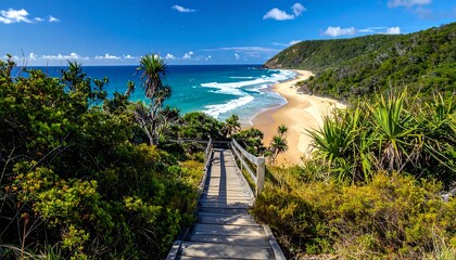 Scenic beach view from wooden stairs, lush green foliage, turquoise water, clear blue sky, idyllic tropical paradise