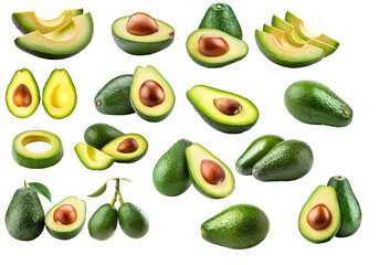 Avocado Set isoliert auf weißem Hintergrund – Freisteller, transparent, ganze und halbe Früchte
