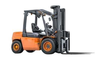 Side view of an orange forklift