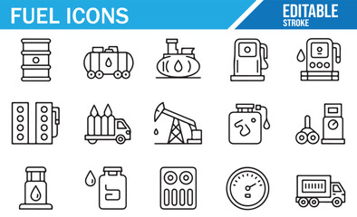 Energy and Fuel Line Art Icons – Simple Illustrations for Power, Storage, and Gasoline