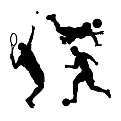 Vector illustration silhouette of male athletes playing soccer and tennis