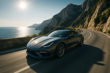 Naklejka premium Luxury sports car driving on scenic coastal mountain road