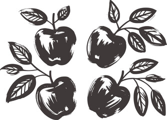 Four dark apples with leaves artistic illustration fruit black and white