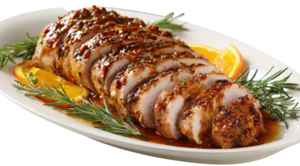 Sliced, glazed pork loin on a platter with oranges and rosemary