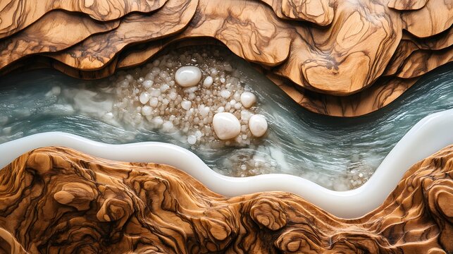 Texture of handmade wooden river table with decorative epoxy white resin