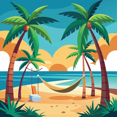 Serene tropical beach scene with a hammock strung between two lush palm trees perfect for relaxation and vacation themes