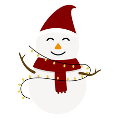 Snowman with Red Santa Hat and Fairy Lights