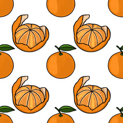 Seamless vector pattern featuring peeled and whole tangerines with green leaves on a white background.