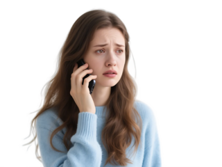 A woman with long hair looks worried while talking on a mobile phone, showing a distressed expression.