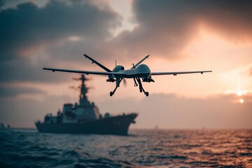 A military drone hovers over the ocean, capturing the moment as a naval ship is anchored in the background during a stunning sunset. The scene showcases both technology and maritime defense