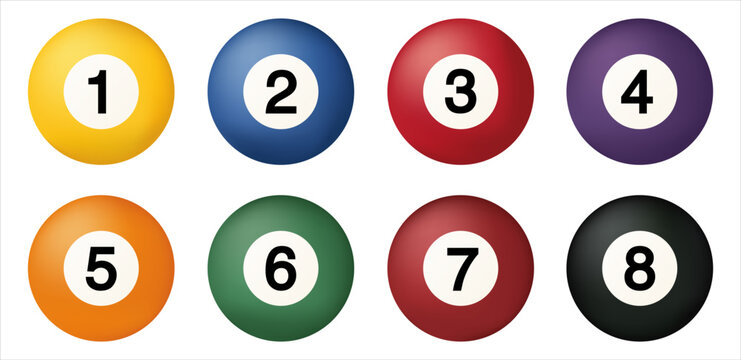 Colorful billiard balls set from number 1 to 8 isolated on white background. Realistic pool balls illustration for sports and leisure design concepts.
