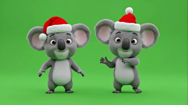 Animated Koalas with Santa Hats Dancing - Two cartoon koalas wearing Santa hats are shown dancing on a green screen background. They are both smiling and have their arms raised in the air.