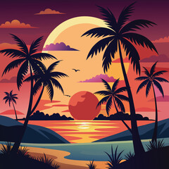 Serene tropical beach sunset with silhouette coconut trees and ocean waves