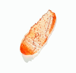 White background with salmon sushi slice and red roe garnish.