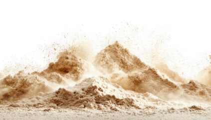 A dramatic explosion of beige-brown powder, resembling a mountainous eruption
