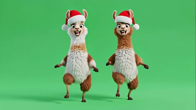 Festive Animated Llamas on Green Screen - Two cheerful animated llamas wearing Santa hats stand side-by-side on a green screen background.