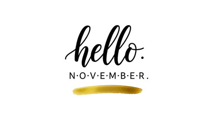 A stylish greeting card featuring 'hello. NOVEMBER.' in elegant cursive with a subtle gold brush stroke, perfect for autumn themes.