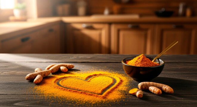 Crushed crumbly turmeric seasoning on a wooden table against the background of a rustic kitchen. Healthy eating - Powered by Adobe