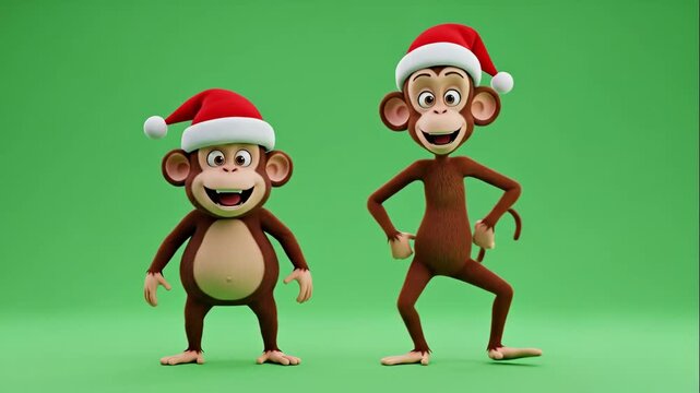 Cartoon Monkeys Celebrating Christmas - Two cartoon monkeys are seen against a green background. The monkeys wear Christmas hats and are in a cheerful mood ready for the holiday season.
