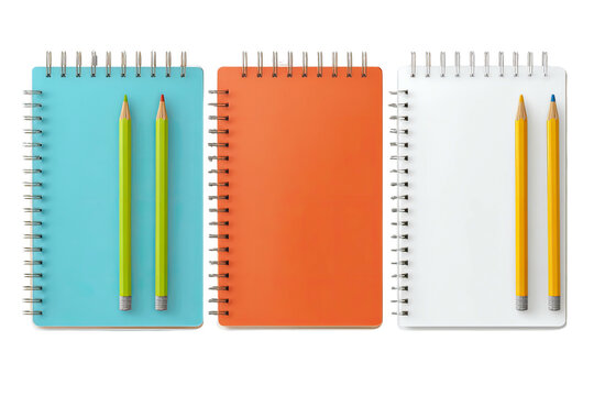 Three spiral-bound notebooks with pencils