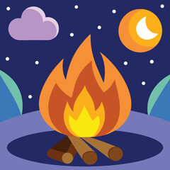 Vector illustration of a glowing campfire under a starry night sky with vibrant colors