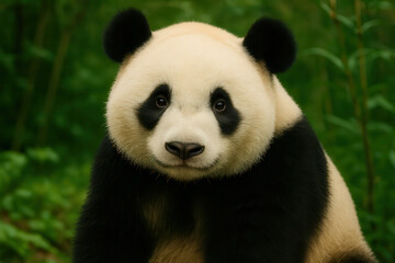 Fototapeta premium Giant panda sitting in green forest looking directly at camera