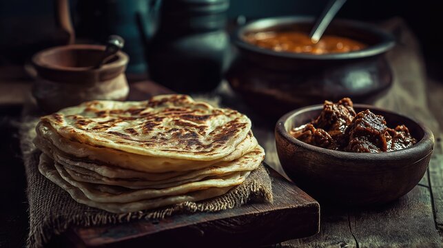 Kerala parotta with beef curry, moody dark tone, rustic table setup