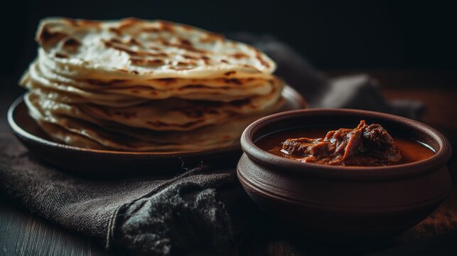 Kerala parotta with beef curry, moody dark tone, rustic table setup