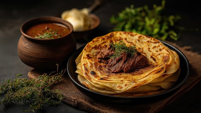 Kerala parotta with beef curry, moody dark tone, rustic table setup